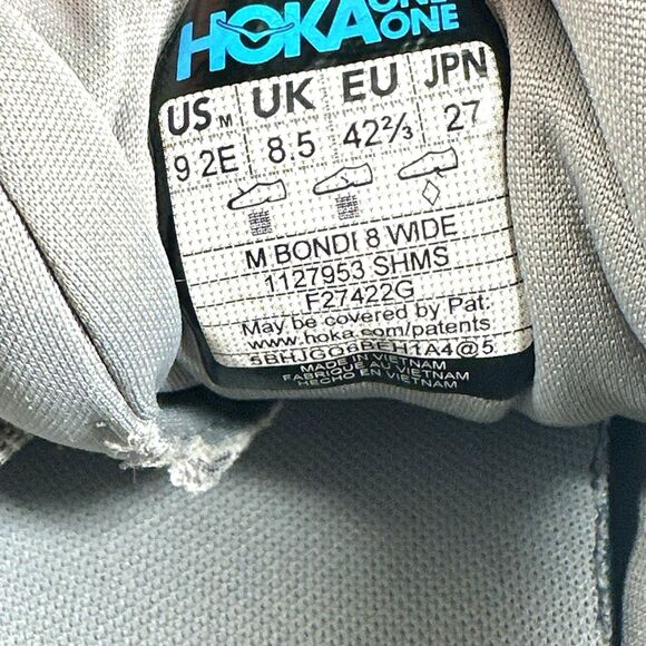 Hoka One One Bondi 8 Men's Gray 9 2E Running Cushioned Lightweight Gym Shoes - Picture 13 of 16